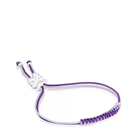 Best Sale Bracelet en cordon lilas et mauve avec ourson en argent Bold Bear Bracelets En Argent | Bracelets En Cordon Et Fil