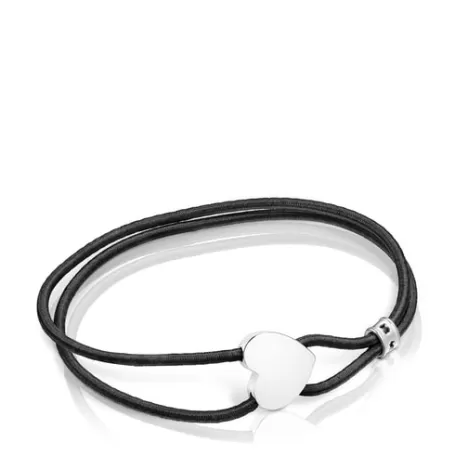 Shop Bracelet élastique Sweet Dolls noir avec cœur en argent Bracelets En Argent | Bracelets En Cordon Et Fil