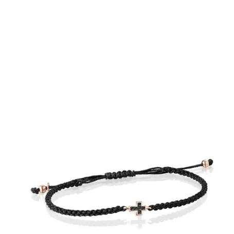 Best Sale Bracelet Motif croix en Or Vermeil rose avec Spinelles et Cordon noir Bracelets En Argent | Bracelets En Cordon Et Fil