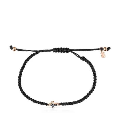 Best Sale Bracelet Motif croix en Or Vermeil rose avec Spinelles et Cordon noir Bracelets En Argent | Bracelets En Cordon Et Fil