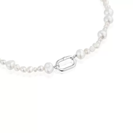 Best Collier ras du cou avec perles de culture et anneau en argent Hold Oval Colliers En Argent | Ras De Cou