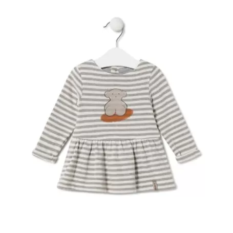 Sale Girls striped dress with bear in Grey ecru Bébé