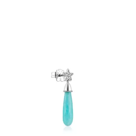 Store Mono boucle d’oreille étoile en or blanc avec diamants et amazonite courte Grain Boucles D’oreilles Individuelles