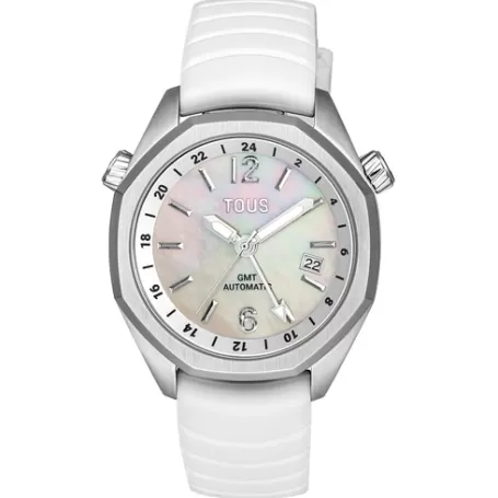 Best Montre gmt automatique avec bracelet en silicone blanc, boîtier en acier et cadran en nacre Now Pour Elle | Pour Lui
