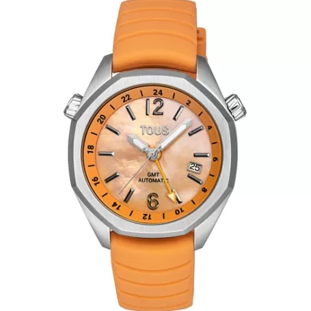 Best Sale Montre gmt automatique avec bracelet en silicone rose saumon, boîtier en acier et cadran en nacre Now Pour Elle | Pour Lui