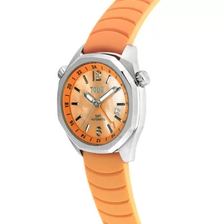 Best Sale Montre gmt automatique avec bracelet en silicone rose saumon, boîtier en acier et cadran en nacre Now Pour Elle | Pour Lui