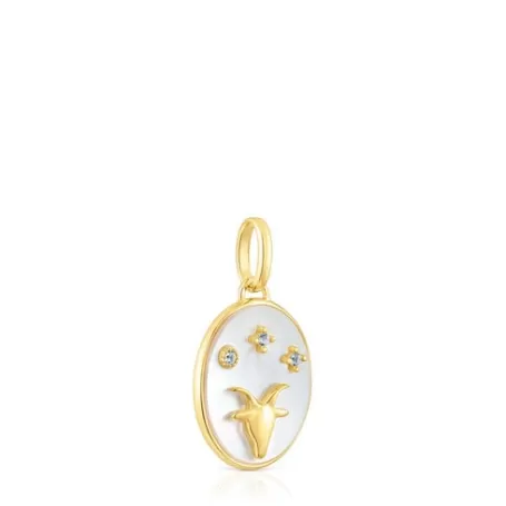 Outlet Pendentif Capricorne en argent vermeil avec nacre et topazes Horoscope Pendentifs En Argent | Pendentifs Petits