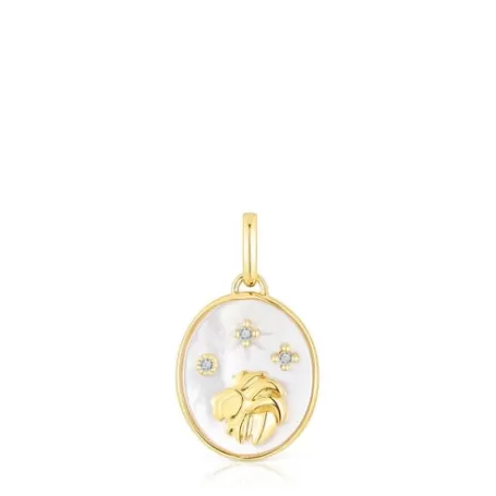 Discount Pendentif Lion en argent vermeil avec nacre et topazes Horoscope Pendentifs En Argent | Pendentifs Petits