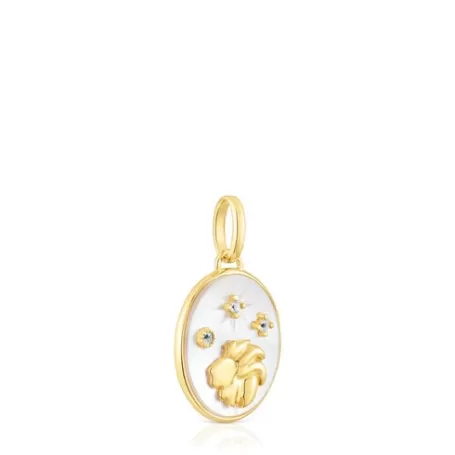 Discount Pendentif Lion en argent vermeil avec nacre et topazes Horoscope Pendentifs En Argent | Pendentifs Petits