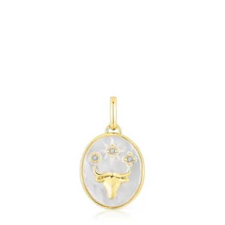 New Pendentif Taureau en argent vermeil avec nacre et topazes Horoscope Pendentifs En Argent | Pendentifs Petits