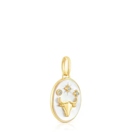 New Pendentif Taureau en argent vermeil avec nacre et topazes Horoscope Pendentifs En Argent | Pendentifs Petits